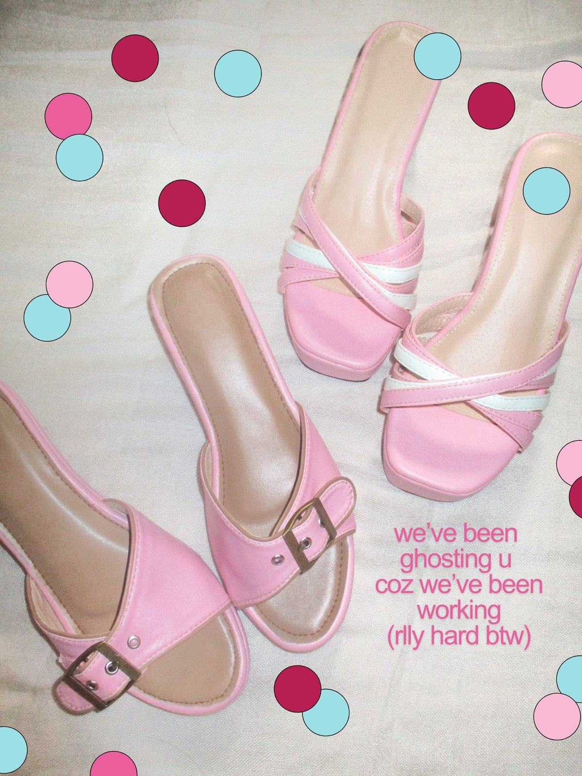 Two pairs of Viveca MNL pink heeled slides — criss-cross strap and buckle strap — on a cream backdrop with pink and aqua polka dots