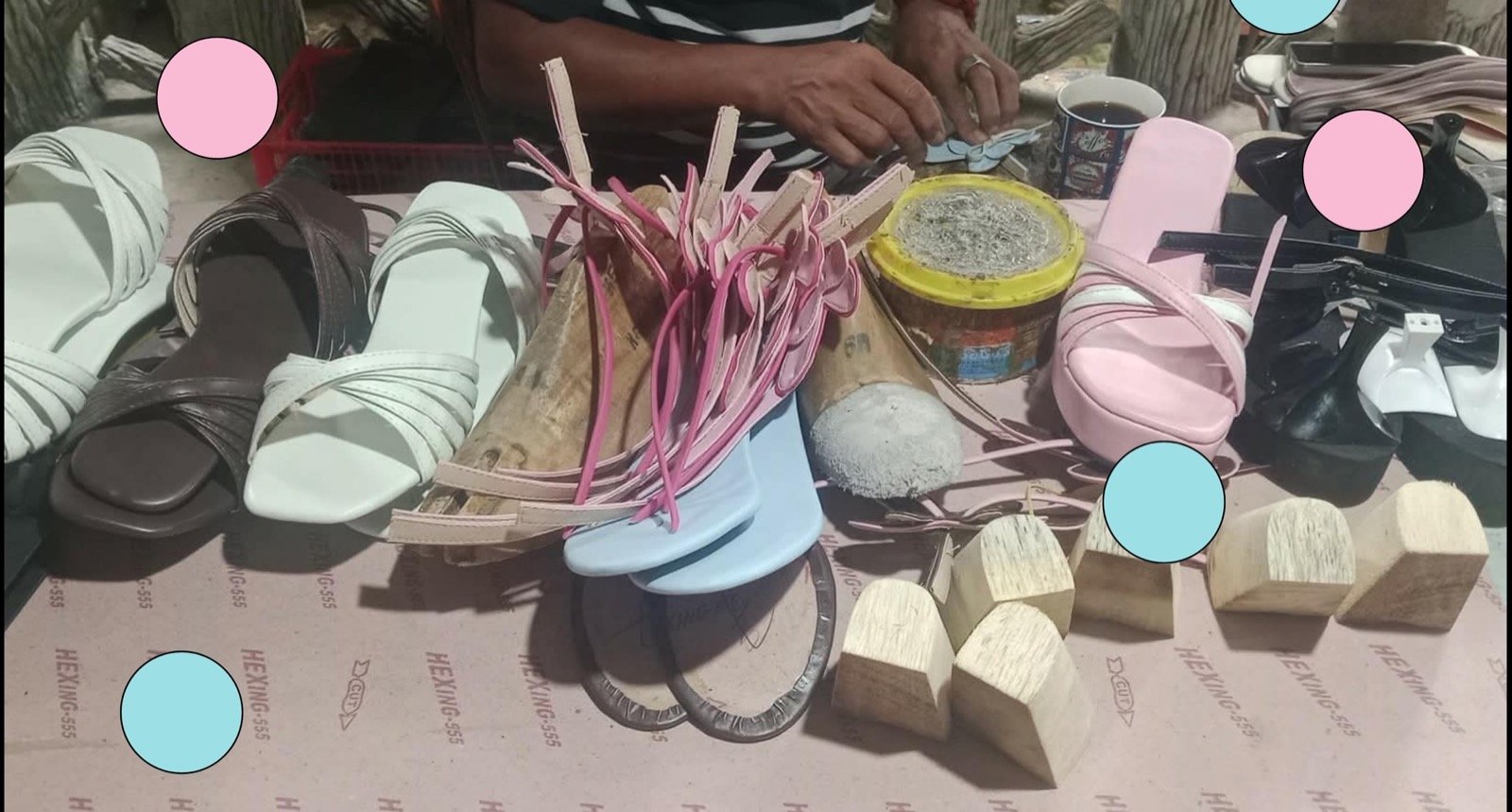 A shoemaker's workbench in Liliw, Laguna with straps, soles and wooden heel blocks for Viveca MNL pairs in progress